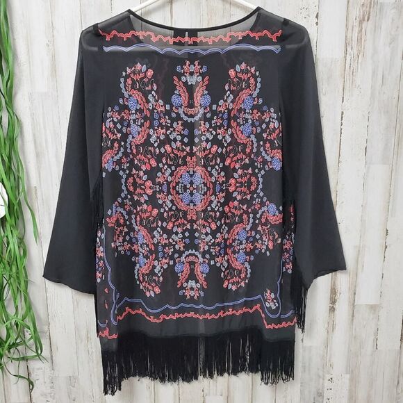 Petticoat Alley Fringed Kimono Cardigan Black Size XS - Picture 2 of 7